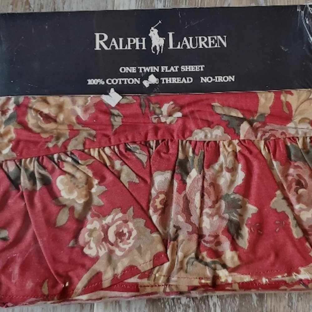 Vintage Ralph Lauren Twin Flat Sheet, DANIELLE, Red Floral Pattern. USA, NIP!